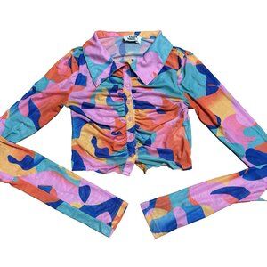 Tiger Mist Florence Top Size S Multi Color Abstract Mesh Sheer, Long Sleeve